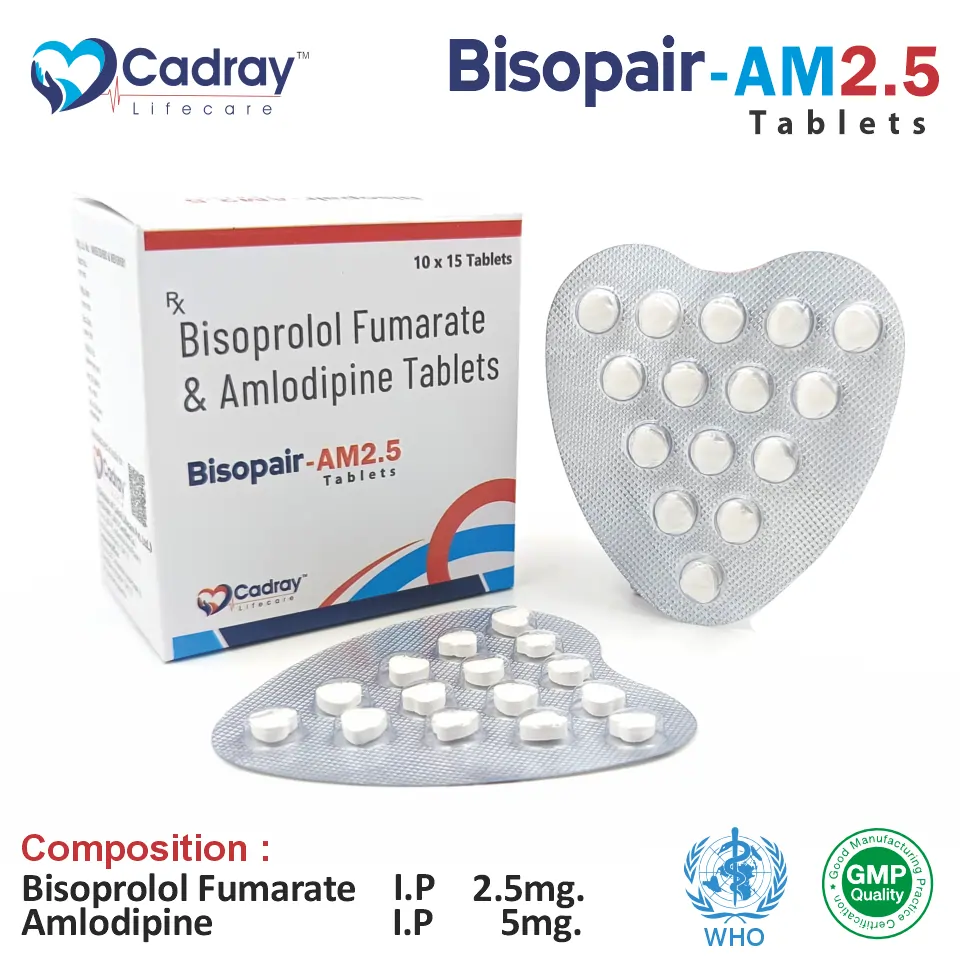 Bisoprolol 2.5mg + Amlodipine 5mg Tablet supports hypertension & cardiac care with Bisoprolol 2.5mg & Amlodipine 5mg. WHO GMP certified, available at the best price for PCD pharma franchise & third-party manufacturing.